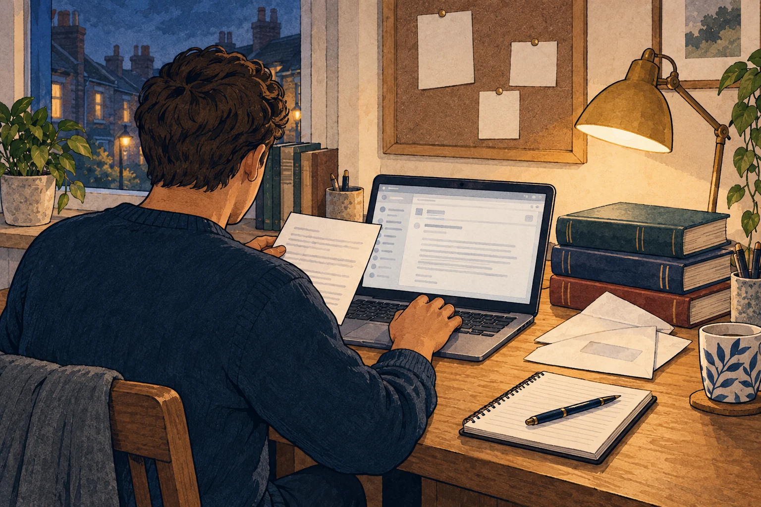 Illustration of a volunteer working at a laptop, with letters and reference books on a small table at home.